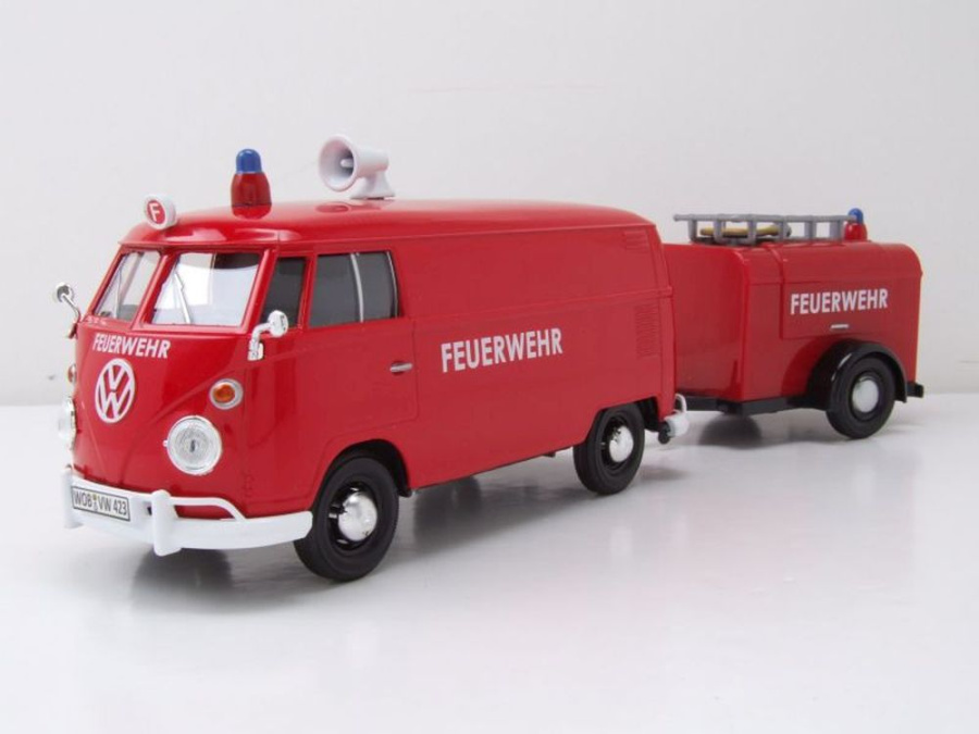 Modellauto VW T1 Bus Kasten Feuerwehr mit Anhänger rot 1:24 Motormax