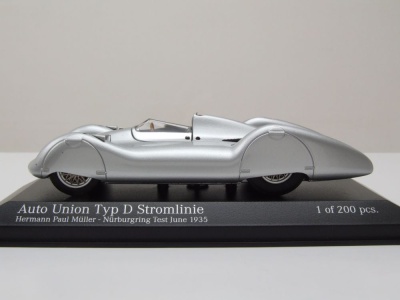Auto Union Typ D Stromlinie Nürburgring Test 1938 silber Hermann Paul Müller Modellauto 1:43 Minichamps